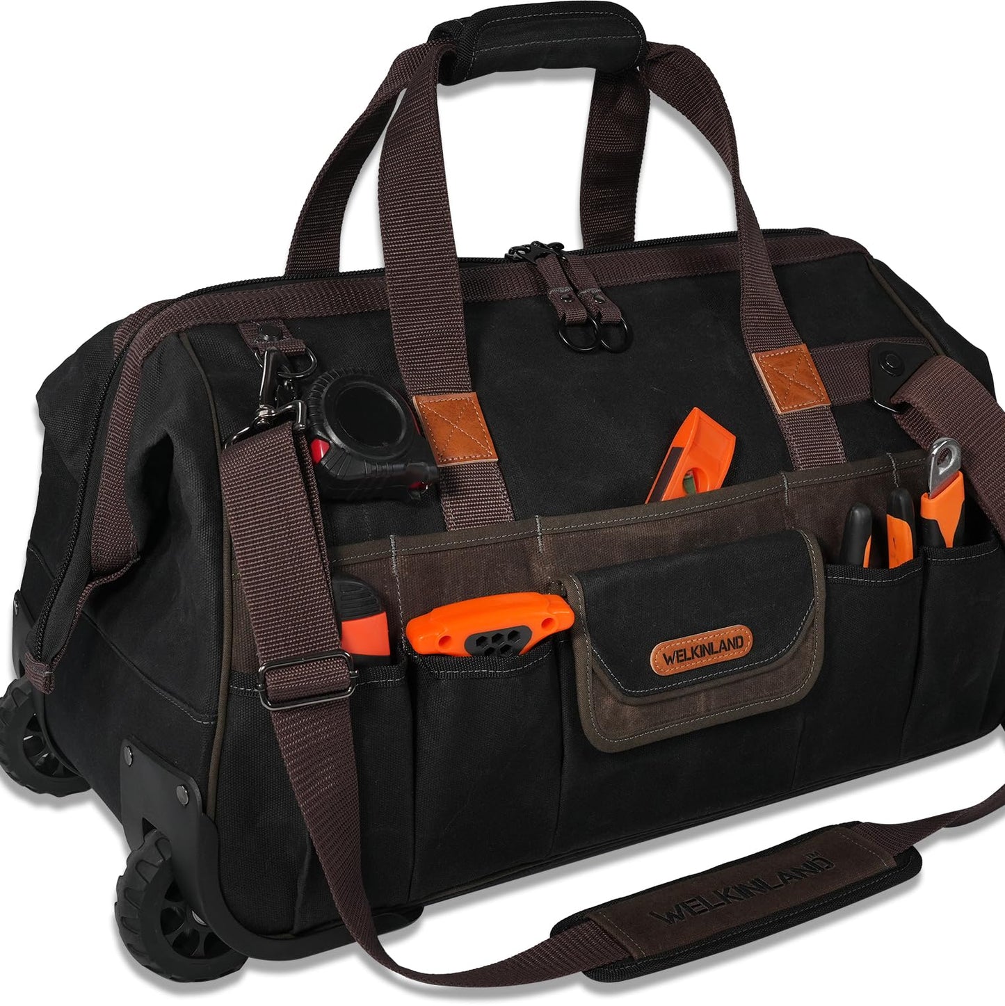 WELKINLAND 48Pockets Tool Bags With Wheels, 22Inch Rolling Tool Bag, Waxed Canvas Tools Bag Rolling Heavy Duty, Large Roll Tote For HVAC, Technician Rolling Tool Bag, Rolling Electrical Tools Bag