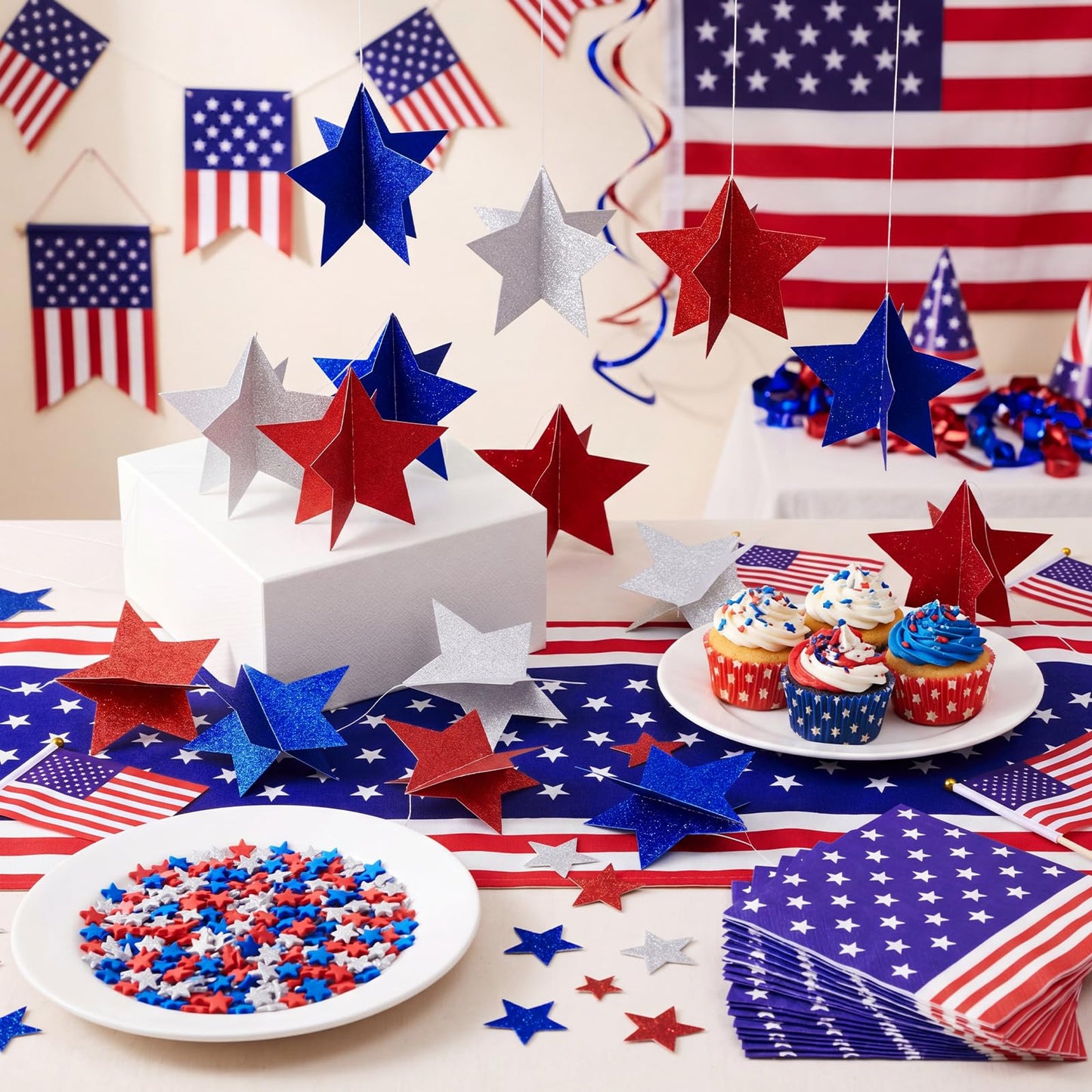 Novabright 18 Pcs 250th Anniversary Patriotic Star Hanging Decorations 4th of July 3D Glittering Red White and Blue Star Ornaments 4.7"x4.7" for Independence Day Party Indoor Outdoor Ceiling Decor