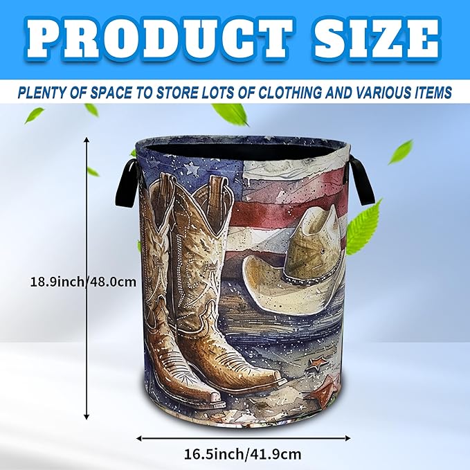 Cowboy Hat Boots Laundry Basket American Flag Oxford Cloth Laundry Hamper