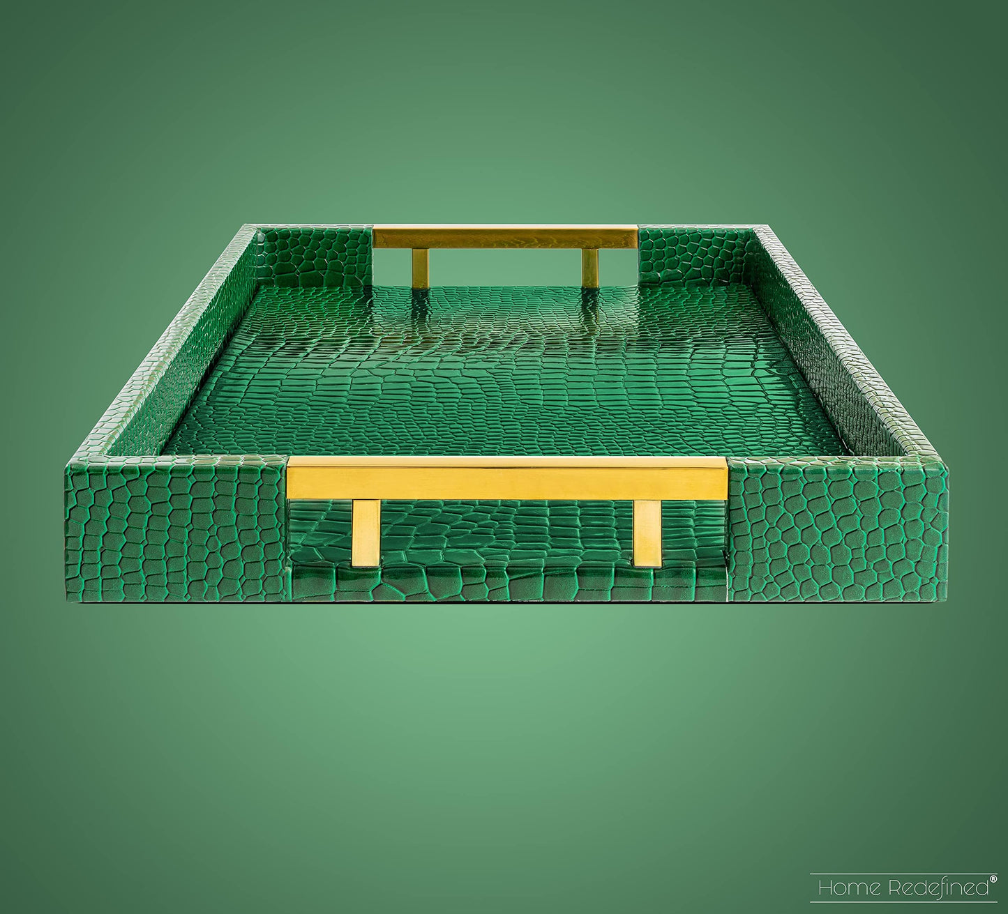 Luxury Modern Elegant 17.5"x12" Rectangle Crocodile Green Faux Leather Decorative Tray Ottoman Coffee Table Living Room Decor Kitchen Serving Tray with Gold Polished Metal Handles by Home Redefined