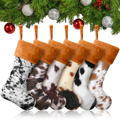 Glimin 6 Pack Cow Print Christmas Stockings 20 Inch Large Plush Xmas Animal Cuff Stockings Hanging Ornaments Socks for Western Fireplace Mantel Stairway Decorations(Brown Cuff)