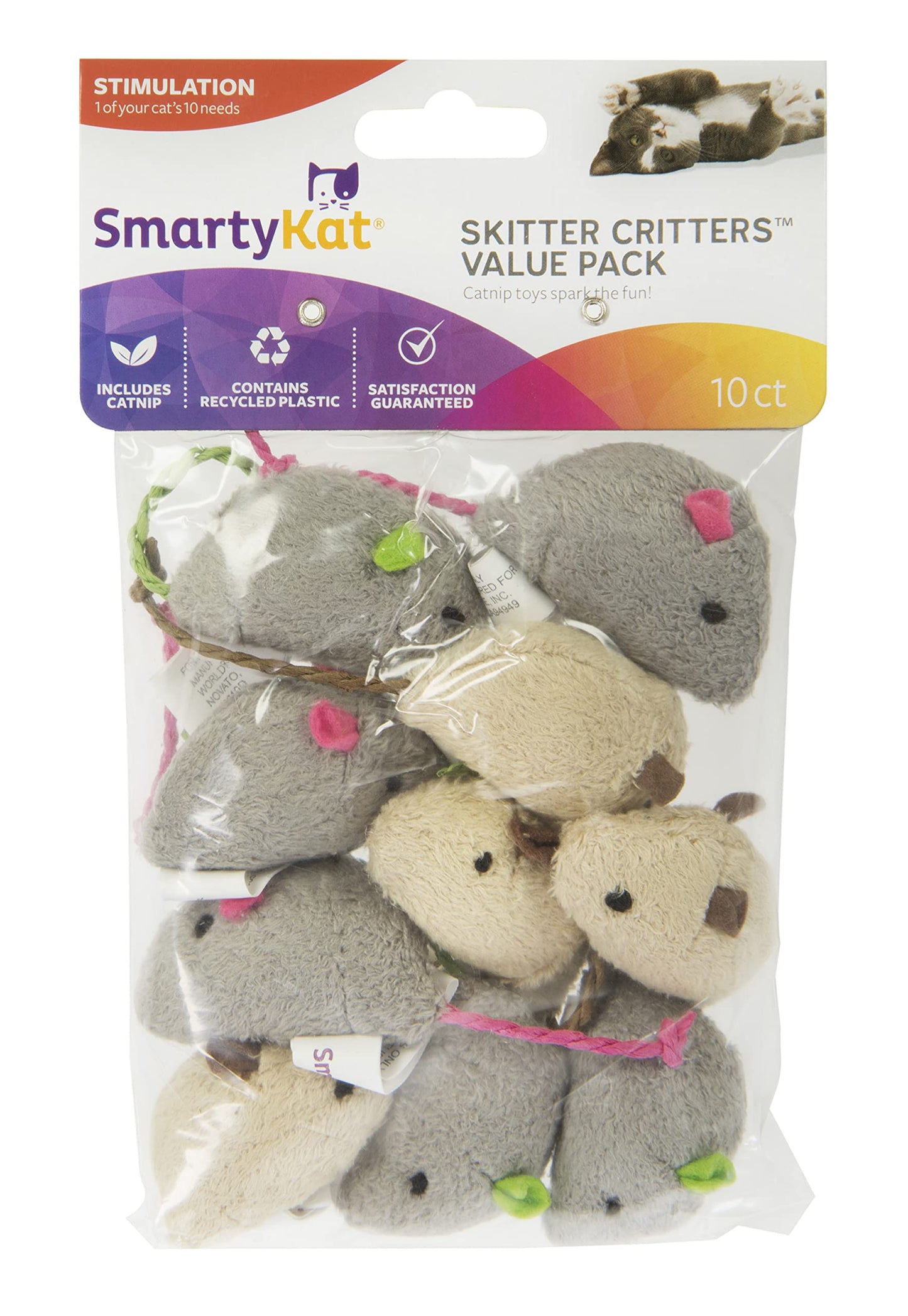SmartyKat (20 Count) Skitter Critters Value Pack Catnip Cat Toys - Gray/Cream, 20 Count