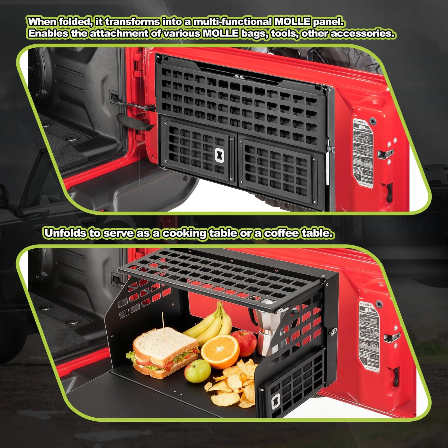 Turmaul Tailgate Table w/Molle Panel Compatible with Jeep Wrangler 2007-2017 JK JKU 2018-2023 JL JLU 2/4 Door Rear Door Foldable Cargo Shelf Storage Rack Camping Travel Cooking Outdoor Accessories