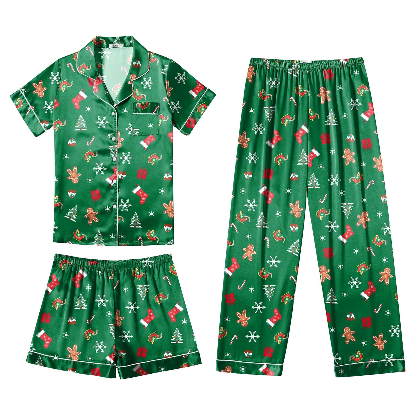 Ekouaer Silk Pajamas for Women Set Satin Pjs Soft Short Sleeve Button Down Sleepwear 3 Piece Loungewear S-XXL