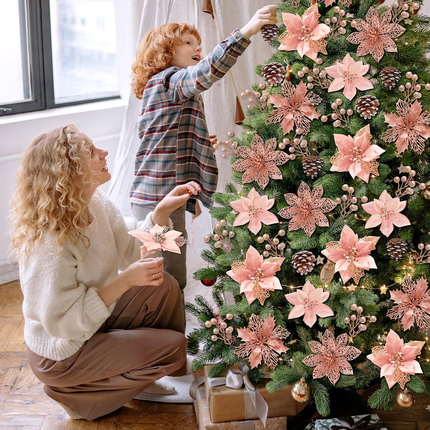 56 Pcs Christmas Decorations, 4 Styles Poinsettias Artificial Christmas Flowers Glitter Berries Stems Ornaments Tree with Pine Cones & Stems for Xmas Wedding DIY Wreath Floral Party (Rose Gold)