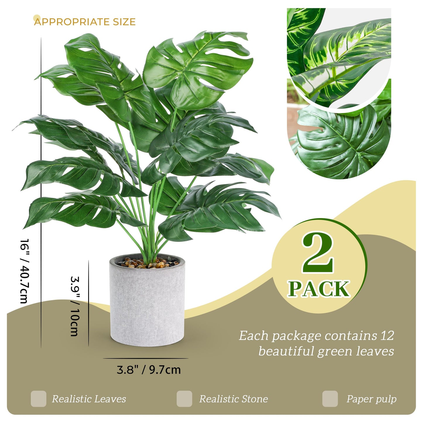 WUKOKU 2pcs Fake Plants 16" Faux Plants Artificial Tropical Plants Indoor for Home Office Desk Kitchen Bathroom Table Shelf Decor