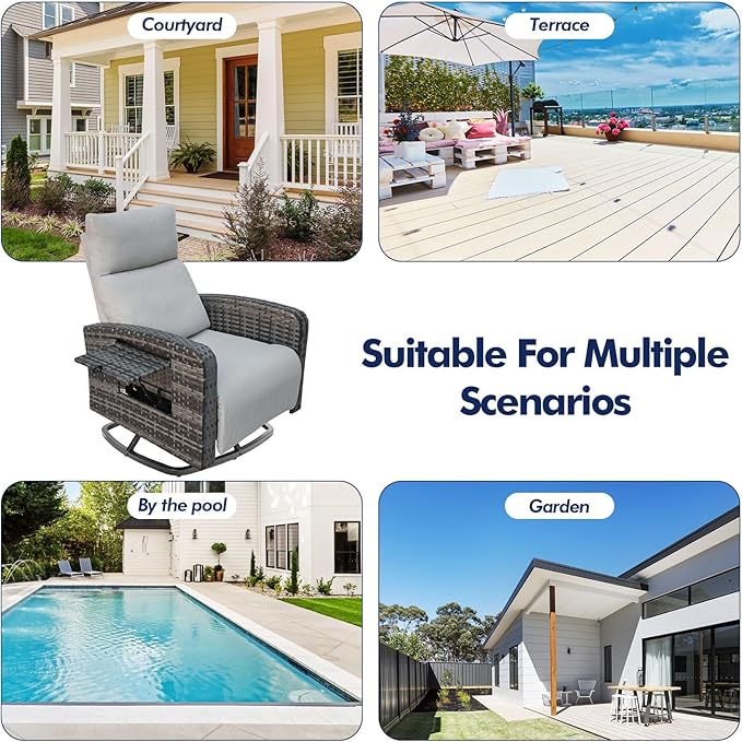 Outdoor Recliner Chair, Wicker Patio Recliners with Adjustable Backrest and Extended Foot Rest, Reclining Patio Chairs with Flip Table & Removable Cushion Cover for Porch