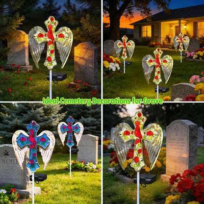 Solar Cross Lights Outdoor, Solar Cardinal Stake Lights Cemetery Decorations for Grave, Jesus Cross Sympathy Memorial Gifts for Women Mom Christmas, Glass Garden Art for Cemetery Yard Patio