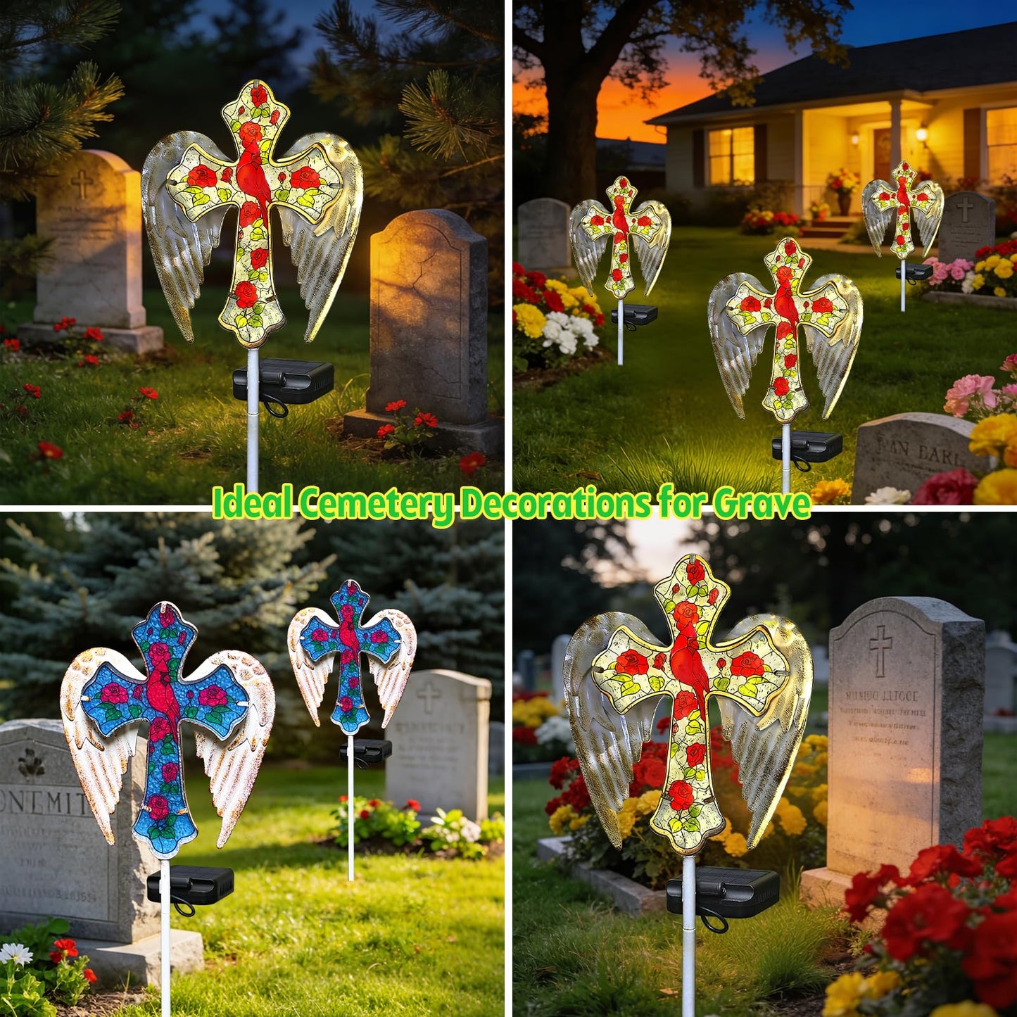 Solar Cross Lights Outdoor, Solar Cardinal Stake Lights Cemetery Decorations for Grave, Jesus Cross Sympathy Memorial Gifts for Women Mom Christmas, Glass Garden Art for Cemetery Yard Patio