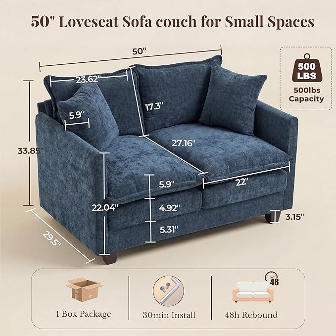 Loveseat Sofa with Cloud 3-Layer Cushion & 27" Deep Seat, Modern Small Couch