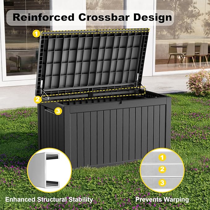 280 Gallon Resin Deck Box, Lockable Weatherproof Outdoor Storage Box for Furniture, Garden Tools and Tools Storage, Waterproof Outside Storage Boxes - Black