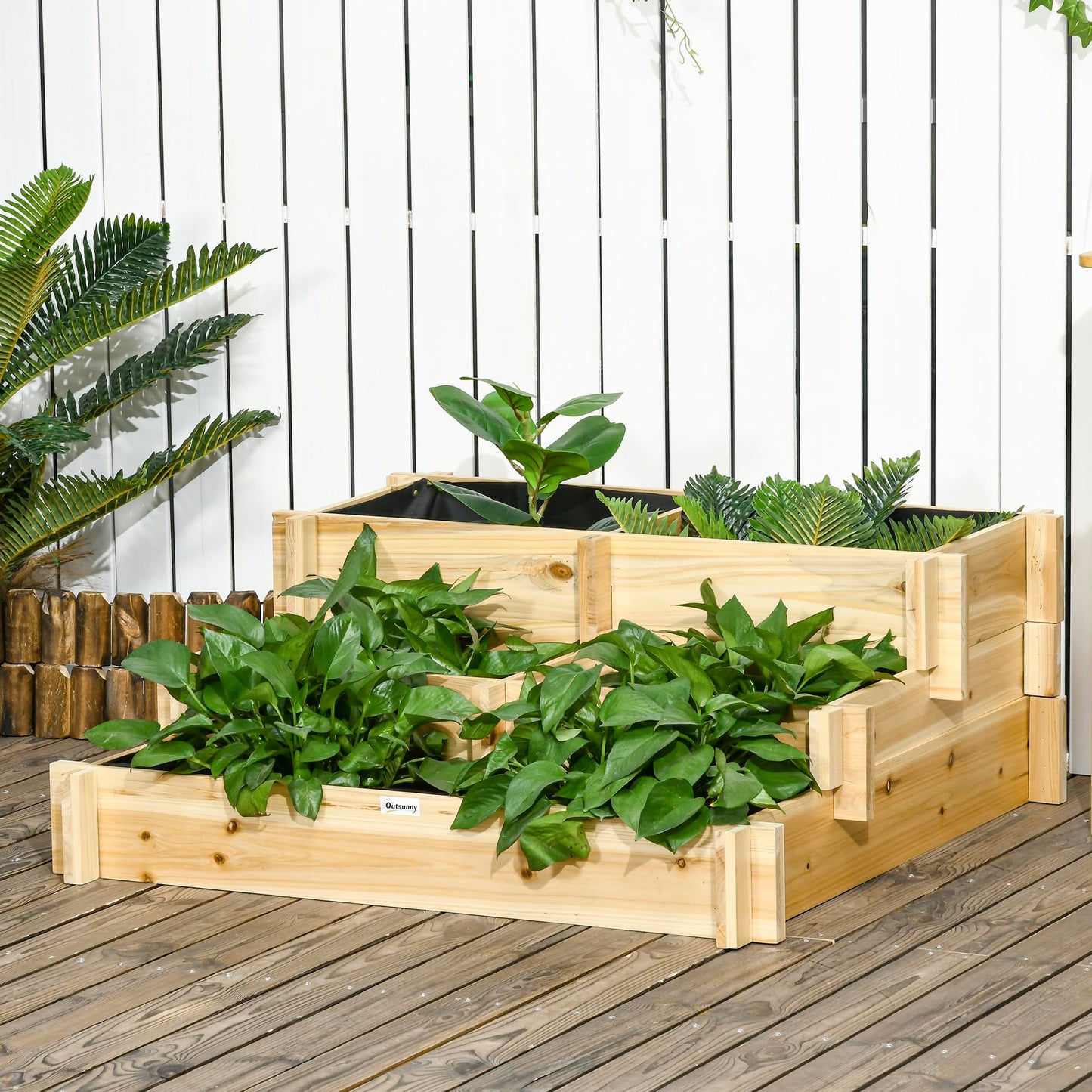 Outsunny 3-Tier Raised Garden Bed with 5 Compartments and Bed Liner, Fir Wood Elevated Planter Box, for Vegetables, Herbs, Outdoor Plants, 37 x 37 x 14in, Natural