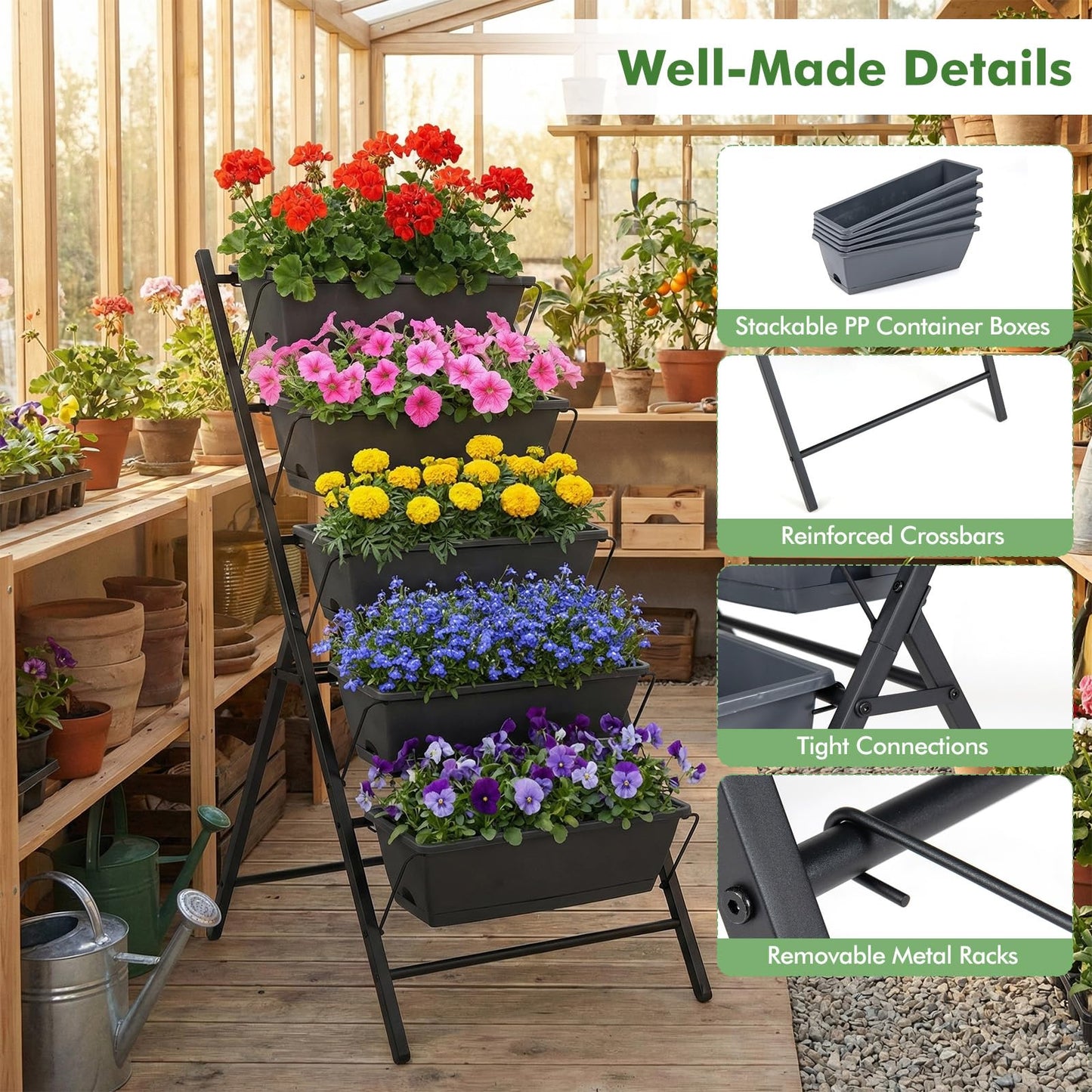 Giantex 5-Tier Vertical Garden Planter, Raised Garden Bed w/Drainage System & Removable Tray, Metal Frame Elevated Planter Boxes for Herb Vegetable Flower Grow, Outdoor Indoor Patio Balcony Backyard