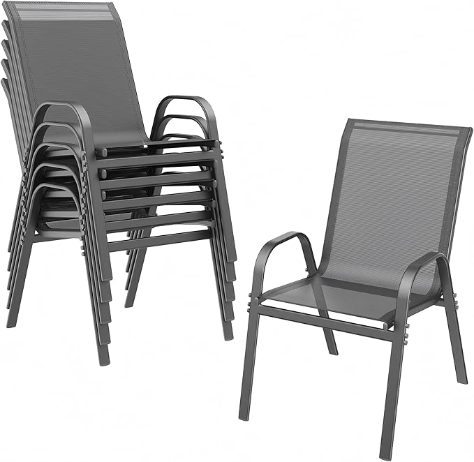 ONBRILL Patio Chairs set of 6, Easy Assembly Stackable Outdoor Dining Chairs with Wide Seat and Sturdy Metal Frame, Breathable All Weather Textilene Outdoor Chairs Set of 6 for Deck, Pool, Porch, Grey