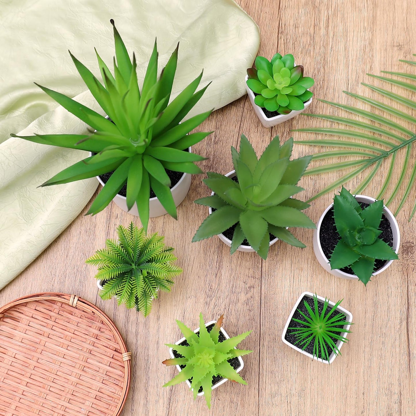 Quancru 7 Pack Small Fake Plants Artificial Succulent Plants in White Pots Artificial Greenery for Room Home Bathroom Bedroom Office Modern Decor