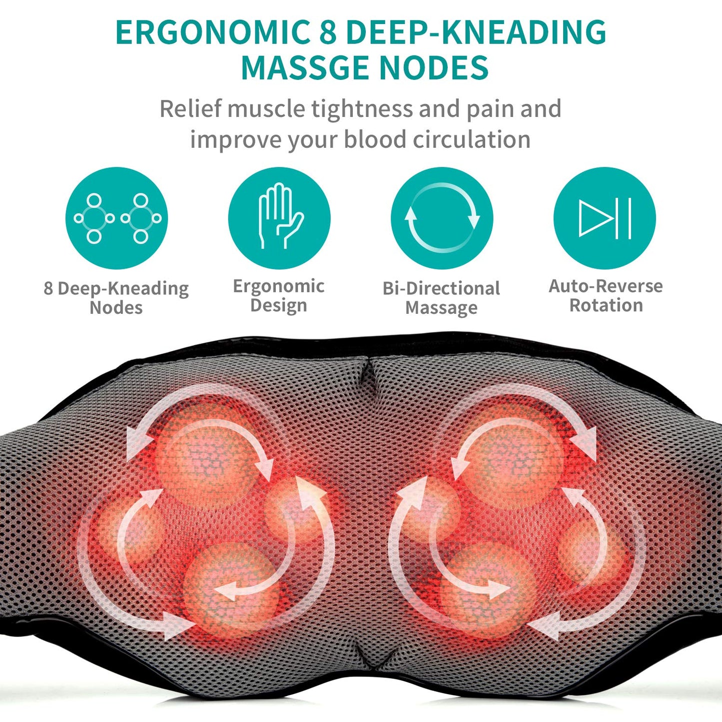 Nekteck Shiatsu Neck and Back Massager with Soothing Heat, Electric Deep Tissue 3D Kneading Massage Pillow for Shoulder, Leg, Body Muscle Pain Relief, Home, Office, and Car Use