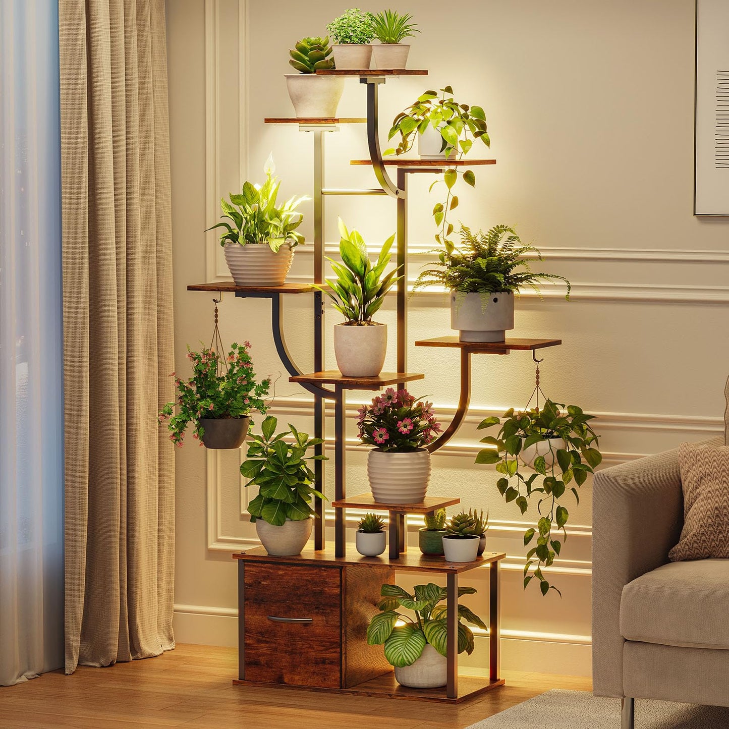 Verinch 59" Plant Stand Indoor with Grow Lights, 2PCS, 9 Tiered Plant Shelf with Drawer, Corner Plant Stands for Indoor Plants, Metal Plant Flower Display Shelf, Plant Rack for Home, Black (1)