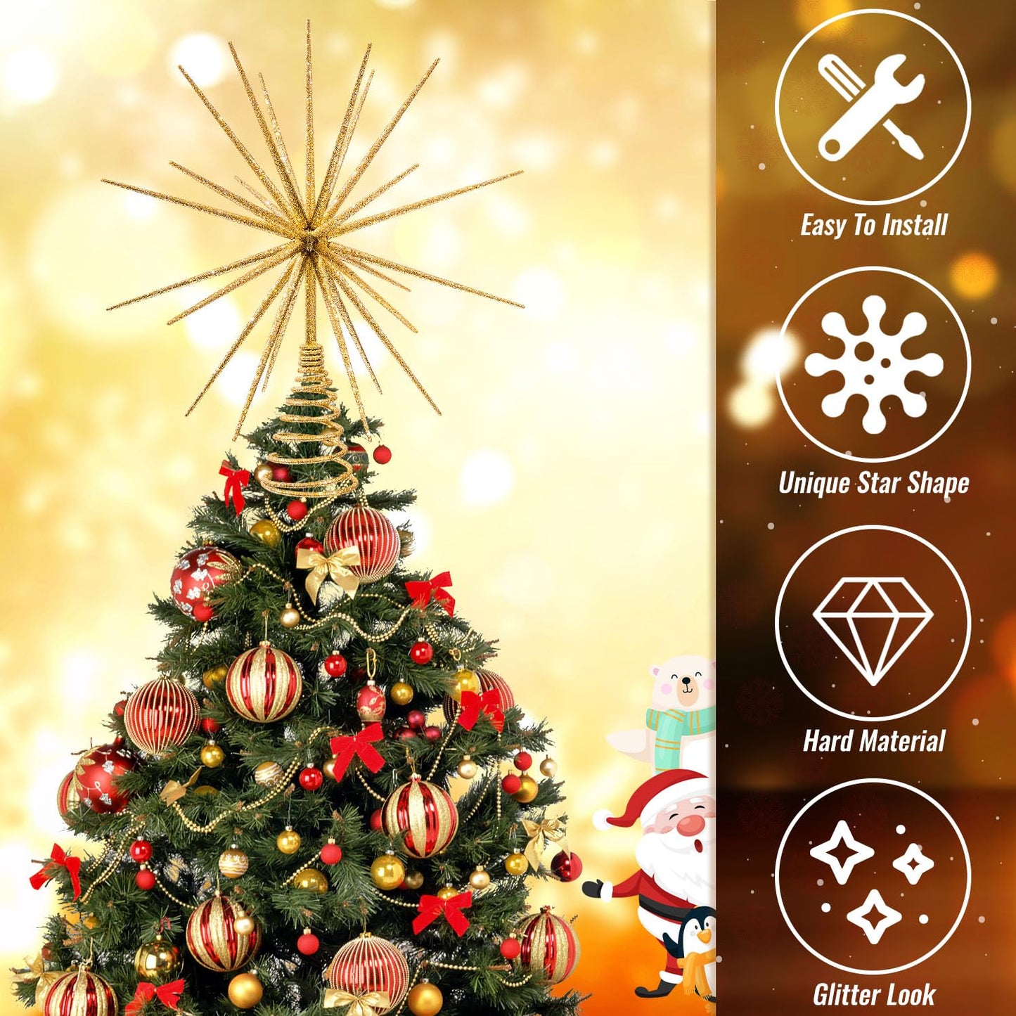 13.7 Inch Gold Christmas Tree Topper - 3D Burst Gold Tree Topper, Exploding Star Christmas Tree New Year Holiday Tree Decoration