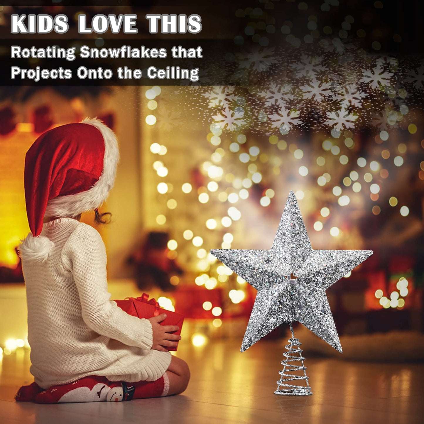IPOW LED Snowflake Projector Star Christmas Tree Topper, 11.3 Inch Silver Glittered Star Treetop Lighted Rotating Snow Flake for Christmas New Year Holiday Decoration, Night Light Projector for Kids