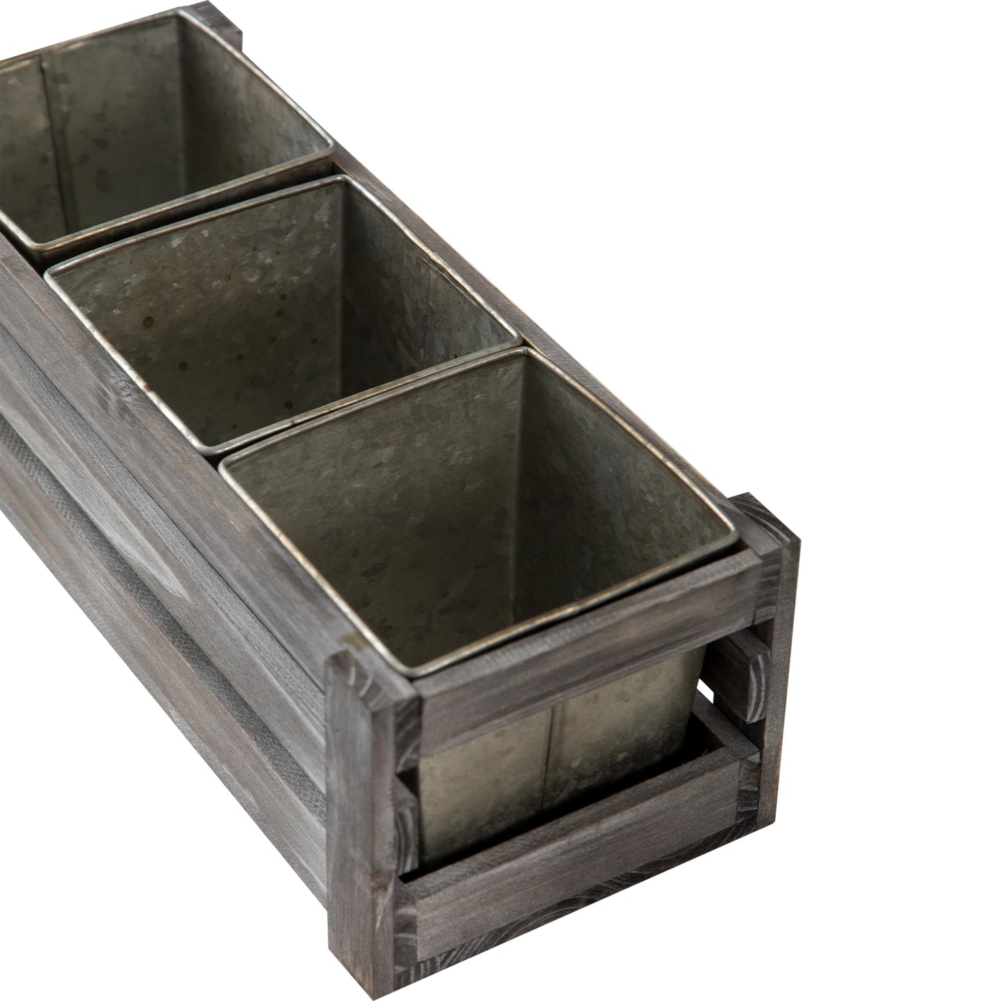 SOFE Rustic Wood Planer Box with 3 Galvanized Planter Pot, Indoor Windowsill Herb Garden Organizer, Plant Containers for Flower Succulent, Distressed Gray Finish