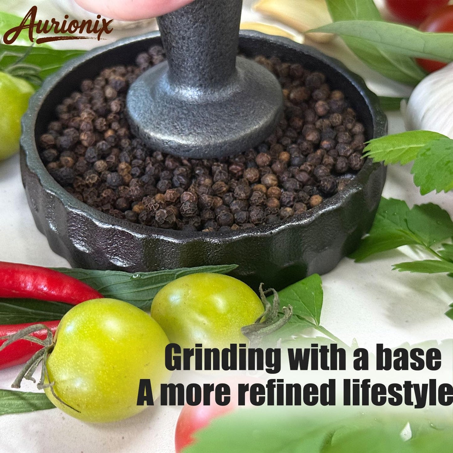 Aurionix Cast Iron Mortar and Pestle & Garlic Grater Plate Set, Guacamole Bowl and Masher with Bonus Brush/Spoon, Small Mortar and Pestle Set 3-in-1 Crushing Smasher for Kitchen Spices and Pesto