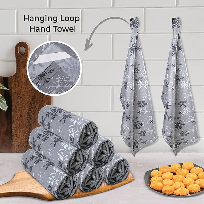 Urban Villa Christmas Kitchen Towels Grey Snowflake Print Premium Quality 100%