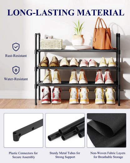 Kitsure Shoe Rack - 3-Tier Shoe Organizer, Shoe Rack for Closet, Entryway, Bedroom, Easy- Assembly Storage Shelf with Side Handles, 27.6" Wide - 3 Tiers, Black