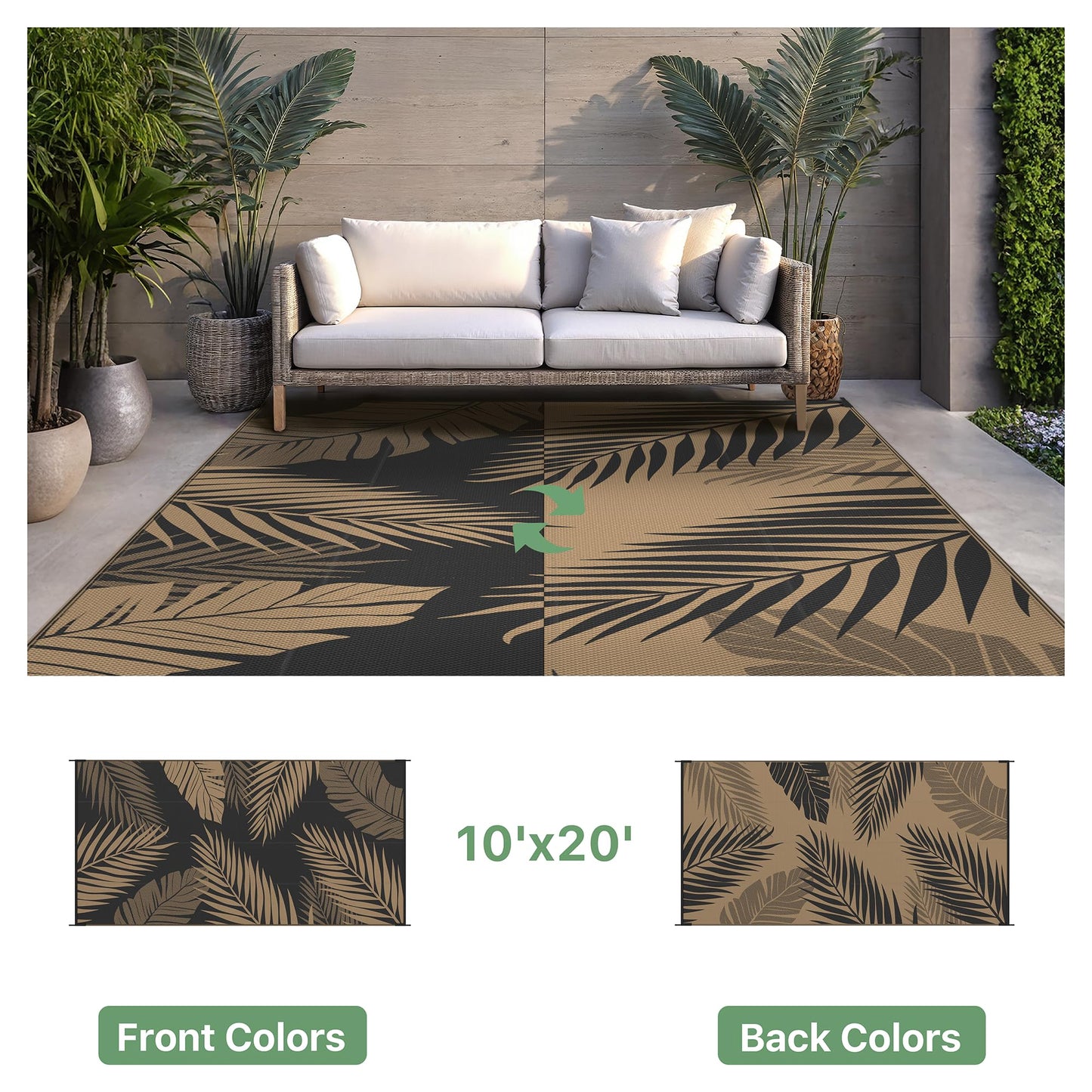 sarben Outdoor Rug 10' x 20' Waterproof for Patios Clearance, Reversible Plastic Straw Indoor Outdoor Rug for RV, Picnic, Backyard, Deck, Balcony, Porch, Beach, Black and Brown