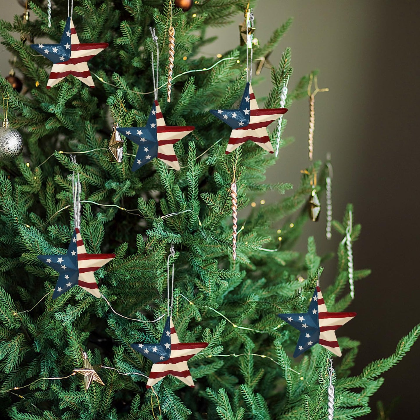 Patriotic Star Ornaments 4th of July American Flag Metal Star Hanging Decorations 3.6x3.6 Barn Decor for Tree Memorial Day Party Decor