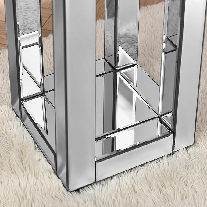 Mirrored End Table Square with Crystals, 2-Tier Modern Small Sofa Table with