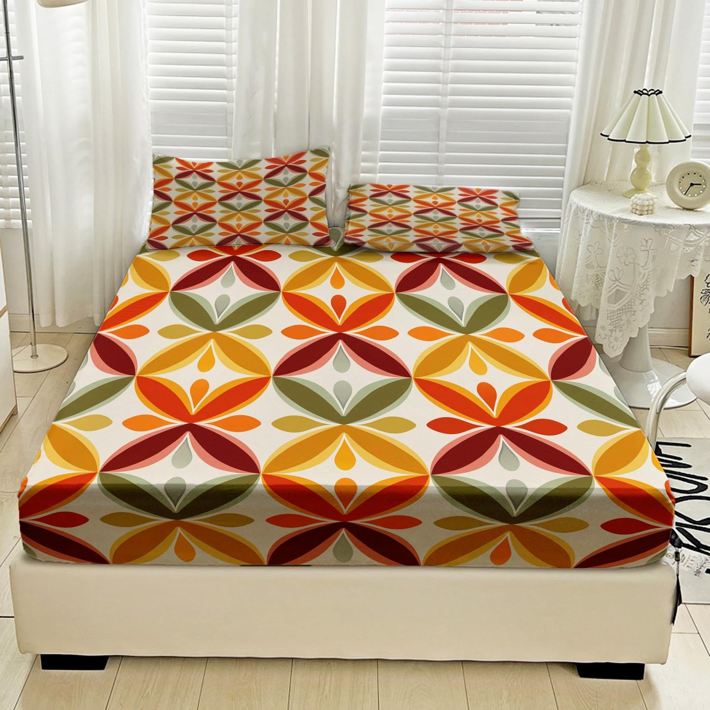 NOGAWA Retro Geometric Sheets King Size, 70s Bed Sheets, Colorful Bedding Sheets, Pillowcases 4 Piece Set, Microfiber Deep Pocket Fitted Sheet, Flat Sheet, 2 Pillow Cases