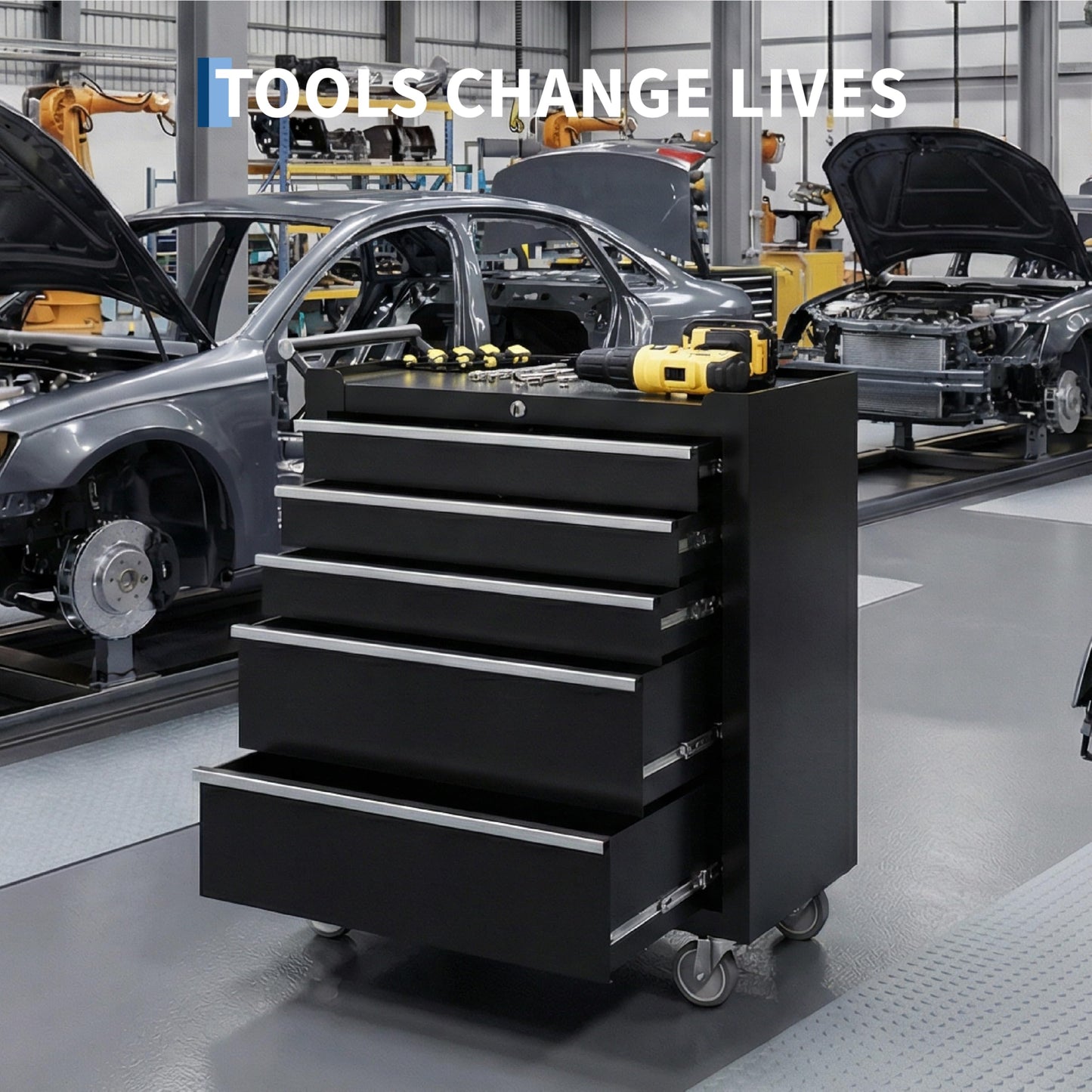 Rolling Tool Chest with Wheels, 5 Drawer Tool Storage Cabinet, Portable Toolbox Organizer with Lock, Heavy Duty Tool Chest Cart for Garage, Mechanic, Workshop, Shop, Mobile Tool Organizer, Black