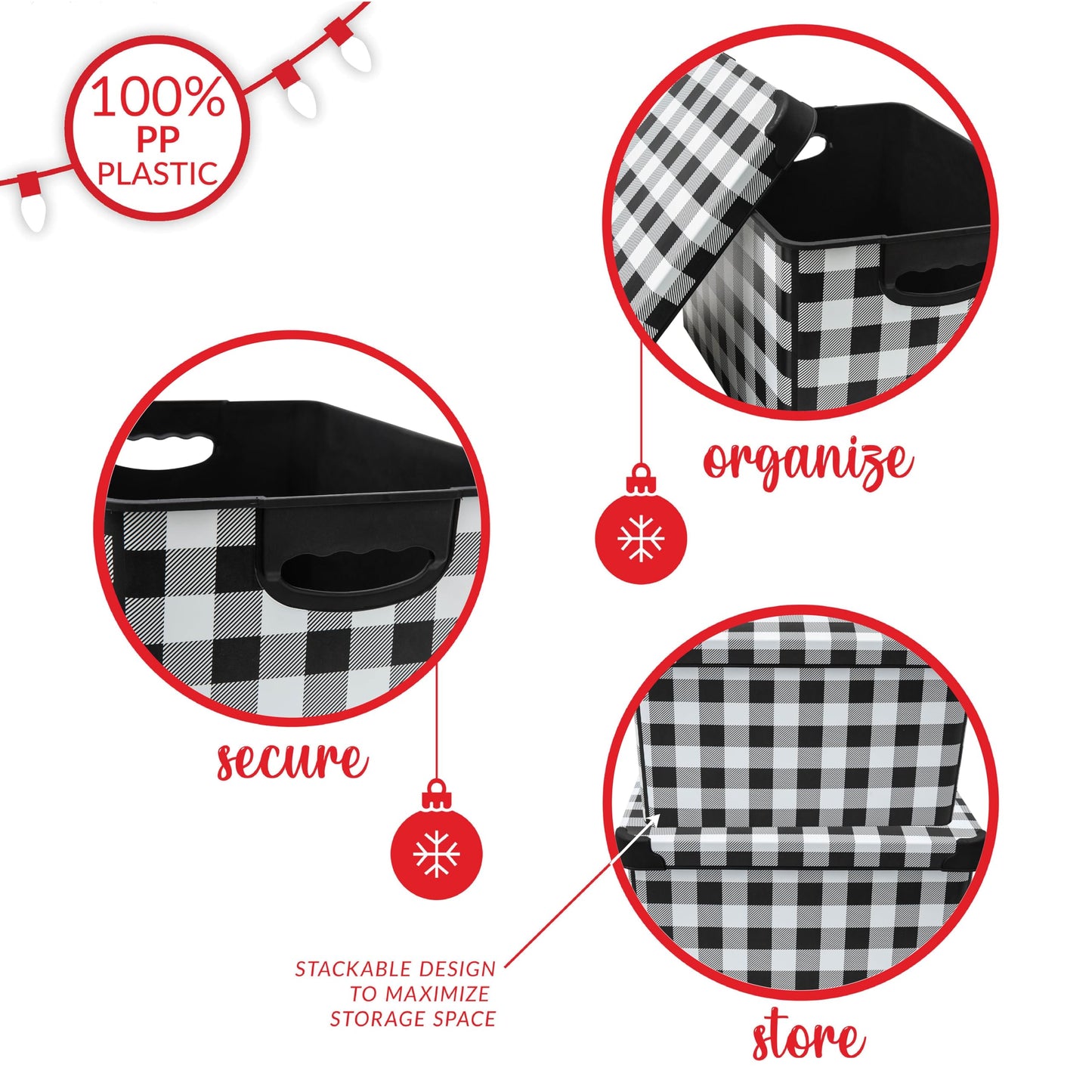 Simplify Checkered Design Storage Bin | Christmas Tote | Holiday Décor Decorations Organizer | Buffalo Plaid Design | Lidded | Stackable | Black and White