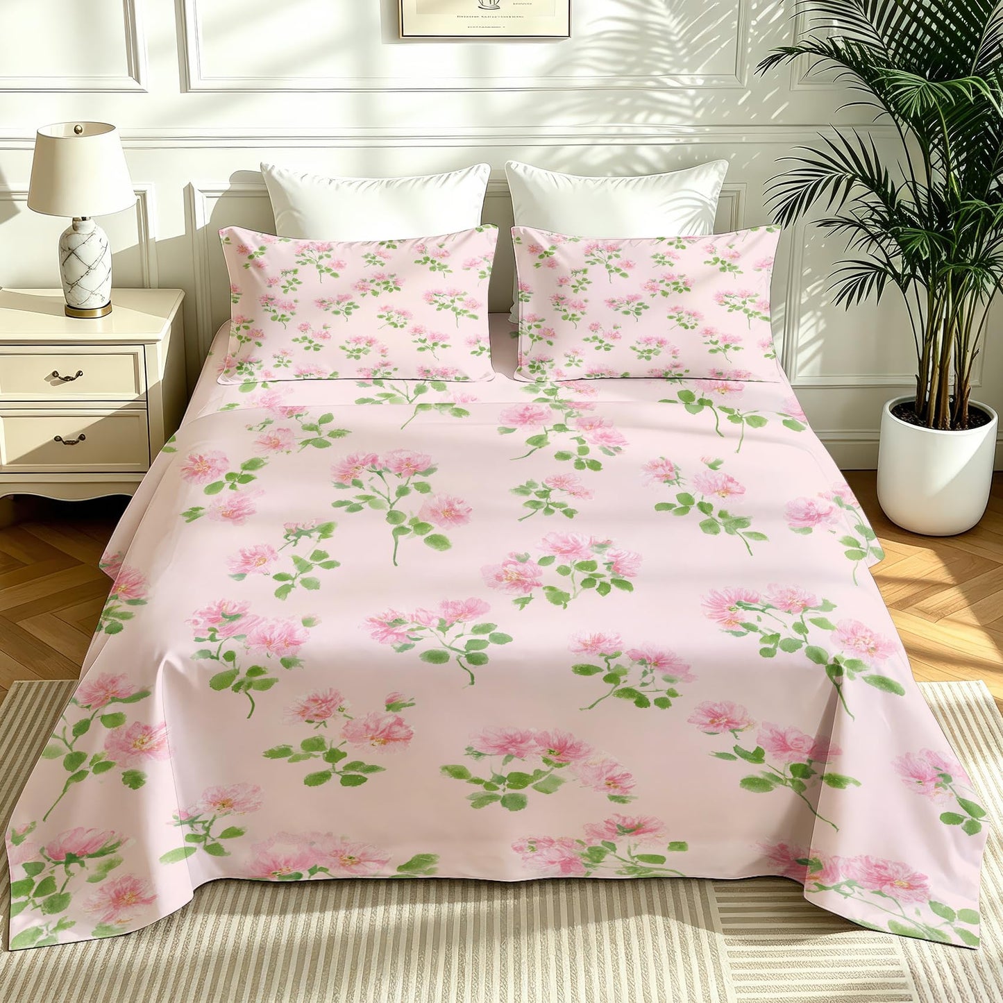 Pink Flower Queen Sheet Set Botanical Flat Fitted Sheet Sets