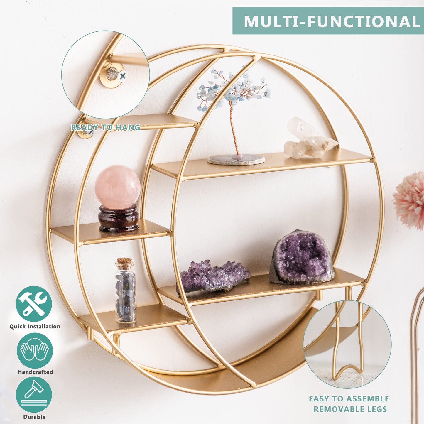 Apresolar 14'' Matte Gold Moon Shelf for Crystals - 7-Tier Open Design, Wall & Countertop Display, Modern Style, Holds Crystals, Essential Oils, Nail Polish