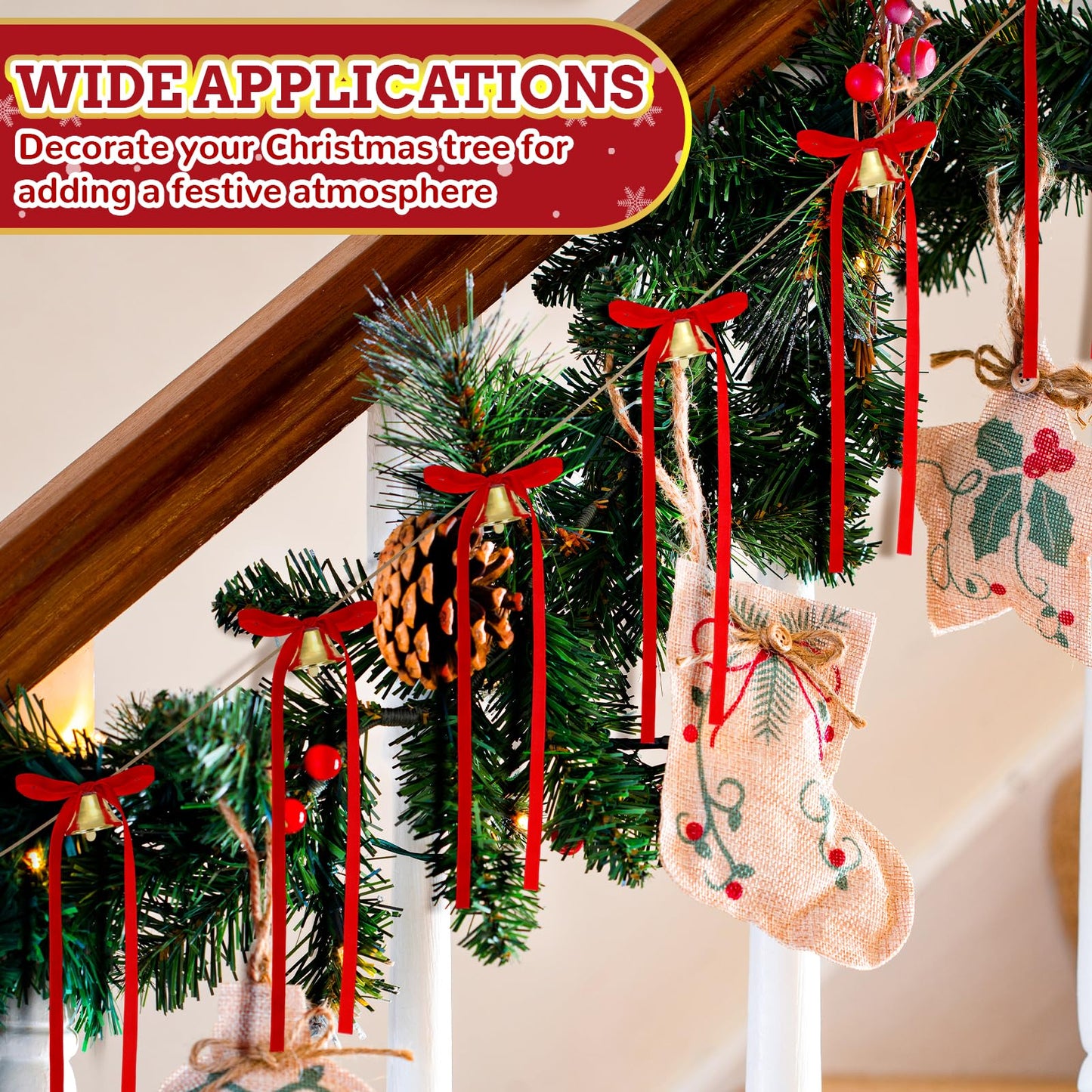 Suncalla 10 Feet Christmas Velvet Bow Garland with Jingle Bell Red Ribbon Bow Jingle Bell Banner Velvet Christmas Ornaments for Xmas Tree Fireplace Staircase Indoor Outdoor Decoration