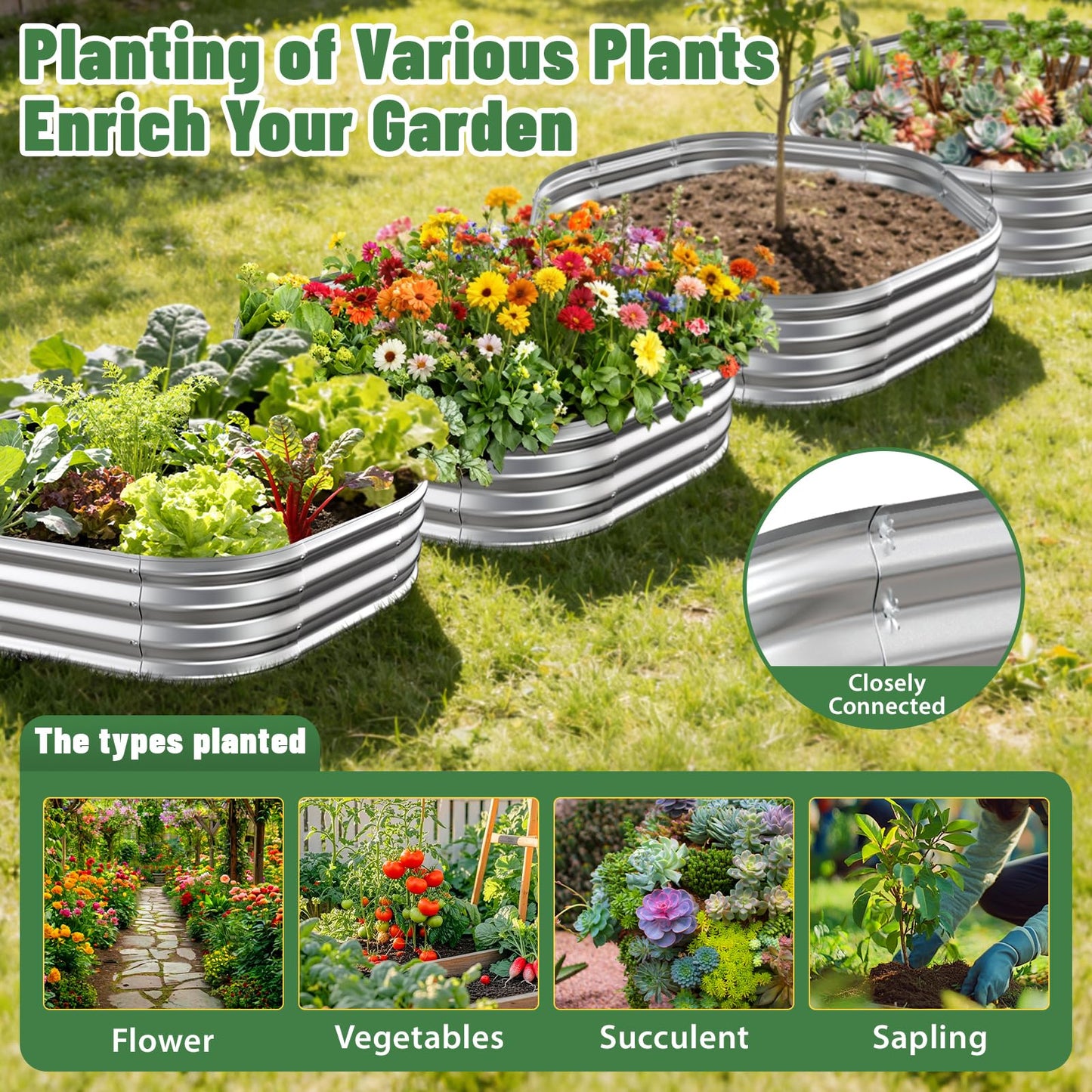 VAMFUTRE Hexagon Raised Garden Bed, 48 Inch Diagonal & 12 Inch Tall, Galvanized Steel Planter Box with Wave-Shaped Metal Panels for Outdoor Flower,Tree,Herb & Vegetable Garden (Silver, 4FT X 1FT)