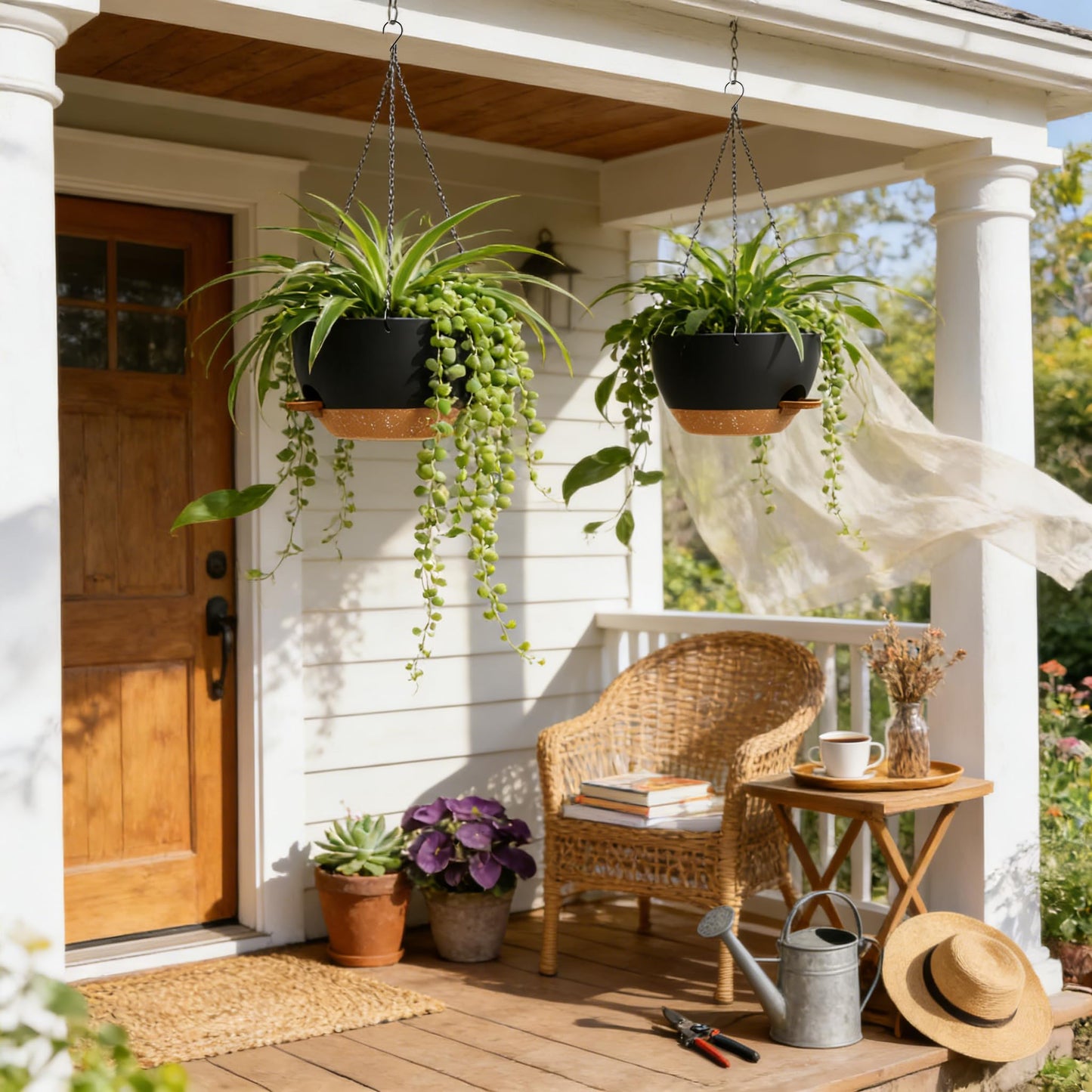 UOUZ 13 Inch 2 Pack Large Self Watering Hanging Planters for Indoor Outdoor Plants, Hanging Plant Pots with Removable 50 Oz Reservoir, Plastic Hanging Basket for Window Porch Garden, Black with Brown