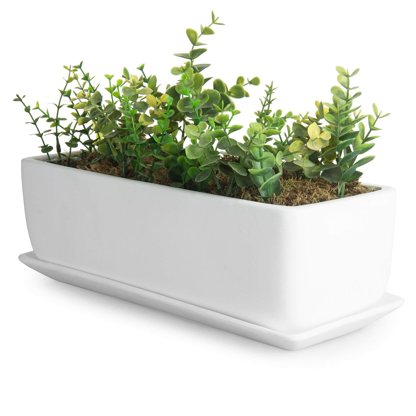 MyGift 14 Inch Ceramic Indoor Plant Pot with Drainage Hole, Rectangular Succulent Planter Window Box with Removable Saucer, Unglazed White