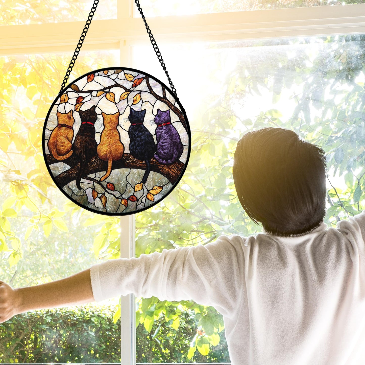 DASTOLL Stained Glass Window Hanging - 5 Cats on a Branch Suncatcher for Window Doors Home Decoration and Christmas, Mother's Day Father's Day Birthday Gifts for Women, Men, and Mom 7.8x7.8 in