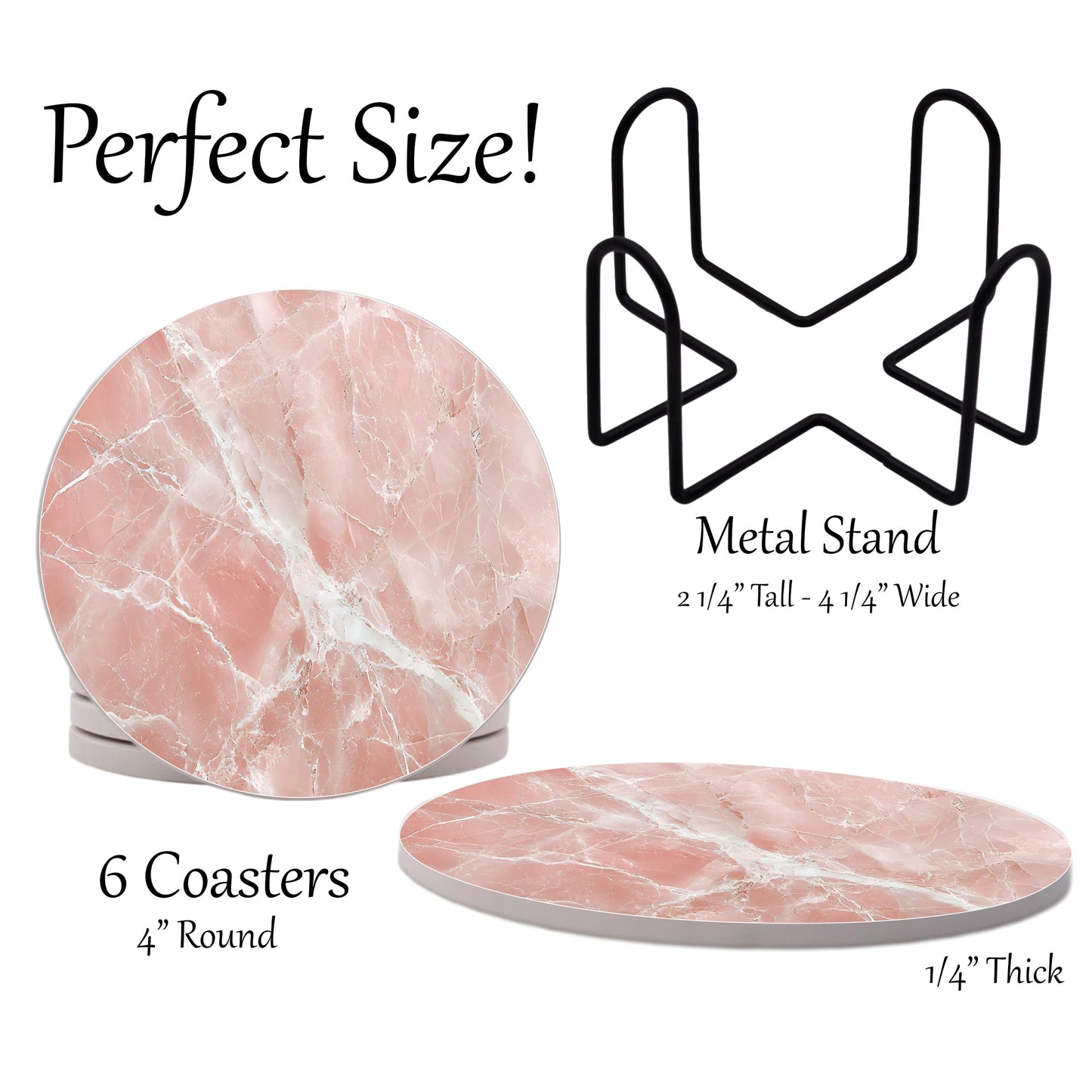 Pink Rose Quartz Agate Marble Round Coasters Set of 6 - Abosrbent Ceramic Coasters with Metal Stand for Drinks, Coffee, Non-Slip Cork Back Tabletop Protection, 4 Inches Marbled Pattern (White Pink)