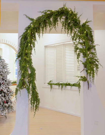 MISSPIN 9ft Christmas Garland with String Lights, Real Touch Cedar Pine Garland, Green Artificial Greenery Garland for Table, Mantle, Wall, Indoor, Outdoor Christmas Decorations