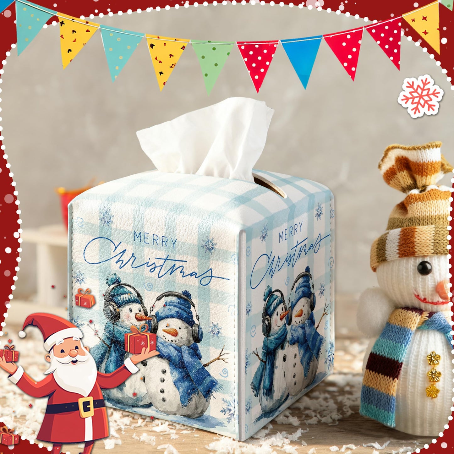 Christmas Snowman Box Cover Square, Blue Checkered Decorative Tissue Box Holder, Waterproof Leather Tissues Boxes Dispenser for Bathroom, Office, Car, Bedroom Nightstand, Home Decor