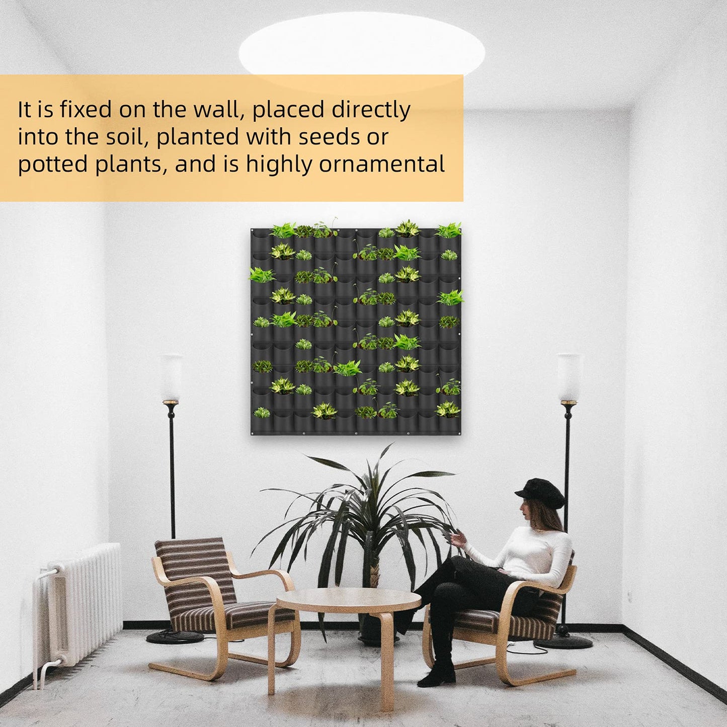 Hanging Planting Grow Bags, 90 Pockets Wall Planter Wall Mounted Grow Bag Outdoor Indoor Gardening Vertical Greening Flower Container, Planting Bags Storage Bags(1.1 m × 1.1 m, Black)