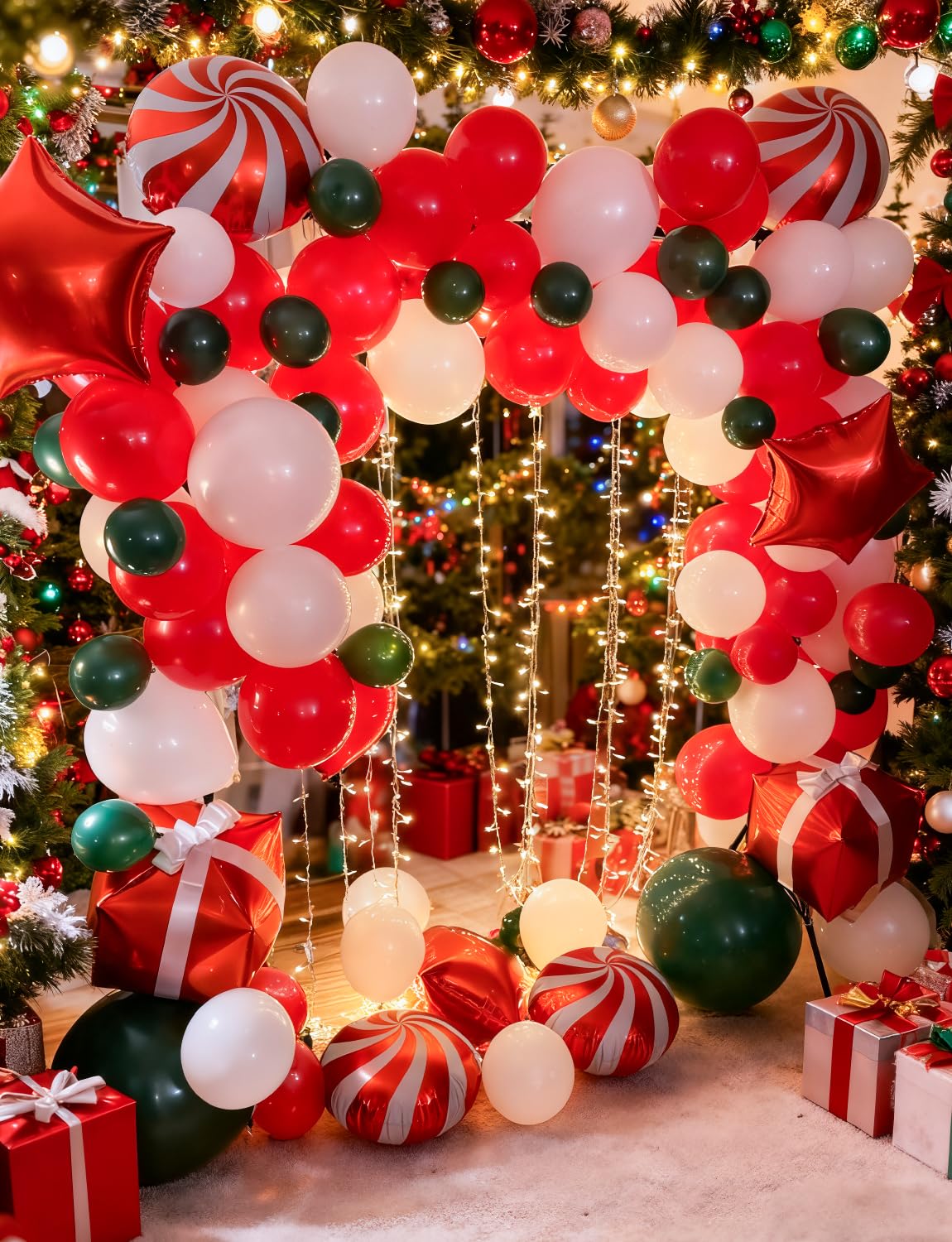 Christmas Balloon Garland Arch Kit, 123PCS Red Green White New Year Xmas Balloons with Candy,Gift Box,Red Star,Cane Foil Balloons for Christmas Party Decorations,Birthday,Baby Shower