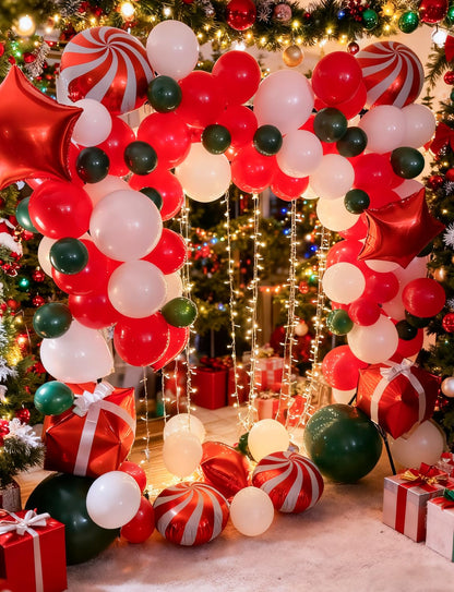 Christmas Balloon Garland Arch Kit, 123PCS Red Green White New Year Xmas Balloons with Candy,Gift Box,Red Star,Cane Foil Balloons for Christmas Party Decorations,Birthday,Baby Shower