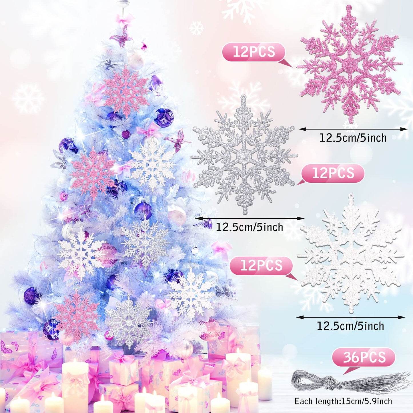 Sumind 36 Pieces Winter Plastic Glitter Snowflake Ornaments 4.92 Inch Pink, Silver, White, Snowflake Large Holiday Tree Decorations with 36 Pieces Ropes for Christmas Tree Wedding