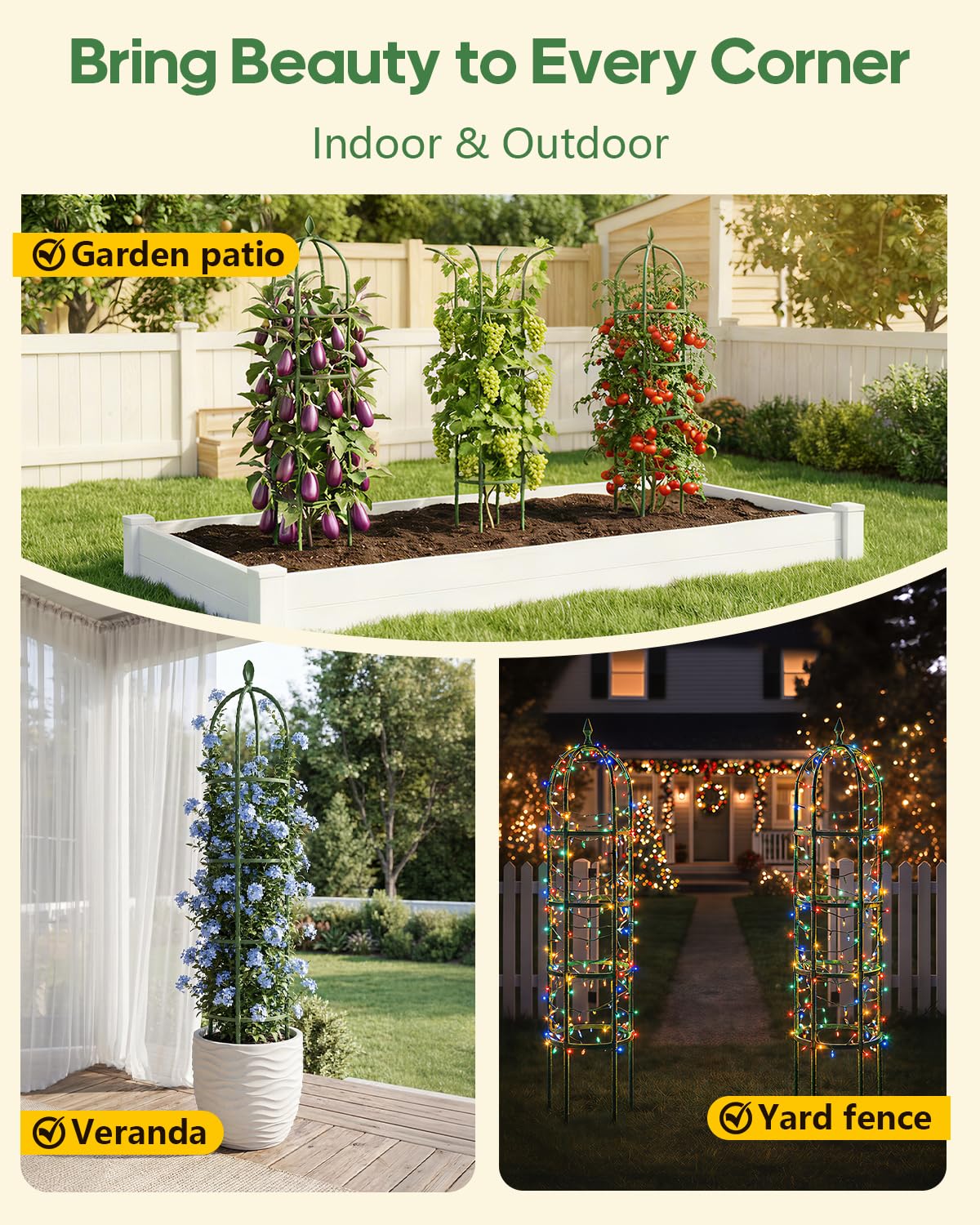 Joyhalo 2 Pack Trellis for Climbing Plants Outdoor, 6.2ft High Adjustable Garden Trellis for Flowers, Green Plastic Coated Steel Plant Stakes Use As Tomato Cage