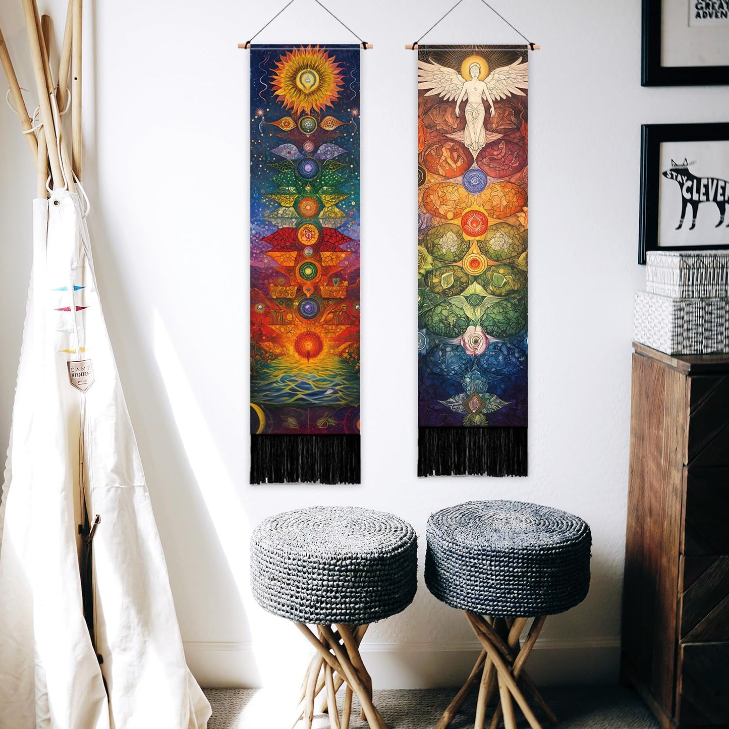 PLIGREAT 2 Pack Chakra Tapestry Meditation Long Tapestry with Tassels Aesthetic Wall Hanging for Bedroom Bathroom Living Room Dorm Room Long Narrow Wall Hanging Home Office Art Decor