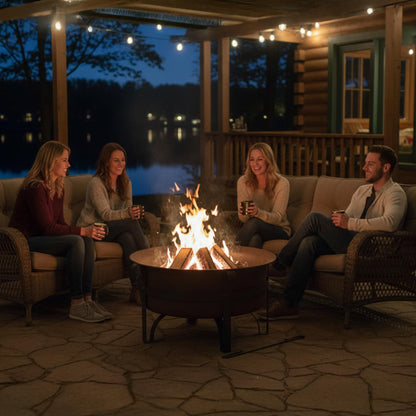 Sunnydaze Cauldron Wood-Burning Outdoor Fire Pit for Patio and Backyard - Round Steel Outside Firepit Bowl with Cover, Removable Ash Pan, Spark Screen, and Poker Tool - Dark Bronze - 29"